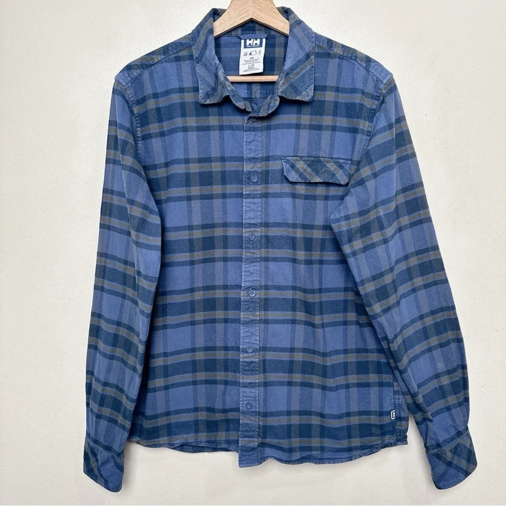 Helly Hansen Mens Large Plaid Cotton Outdoor Button Shirt Blue